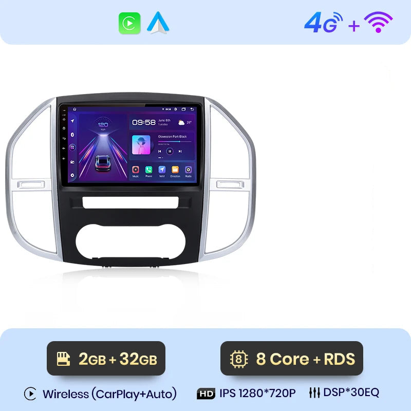 Autoradio 2 Din Mercedes Vito 2014-2020 – Écran tactile HD, CarPlay sans fil et GPS intégré