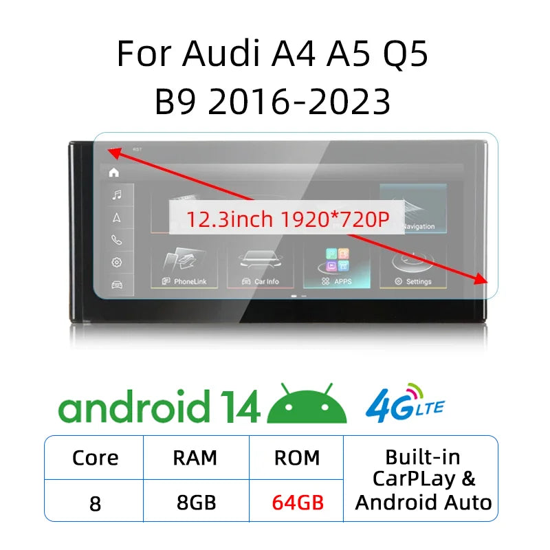 Autoradio CarPlay Audi A4 A5 Q5 B9 (2016-2023) – Écran 12,3 pouces, Android 14, vue 10