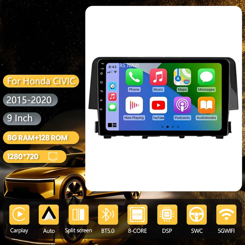 Autoradio CarPlay Honda Civic 10 (2015-2020) – Écran 9 pouces, jusqu'à 16 Go + 256 Go, vue 10