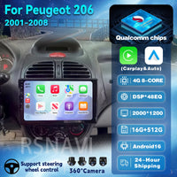 Autoradio CarPlay Peugeot 206, 206 SW et 206 CC – Écran 9 pouces, Android 16