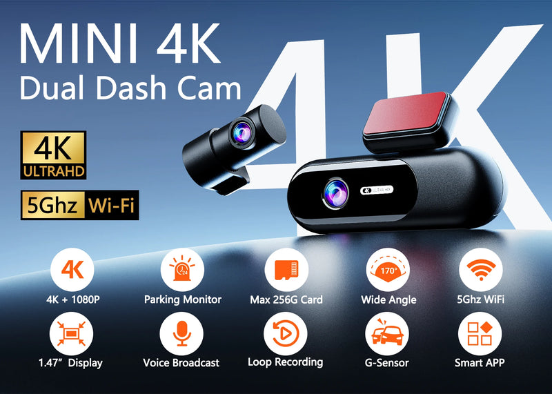 Dashcam Mini 4K Wi-Fi 5 GHz – Avant 4K et Arrière 1080P, Annonces Vocales, vue 8