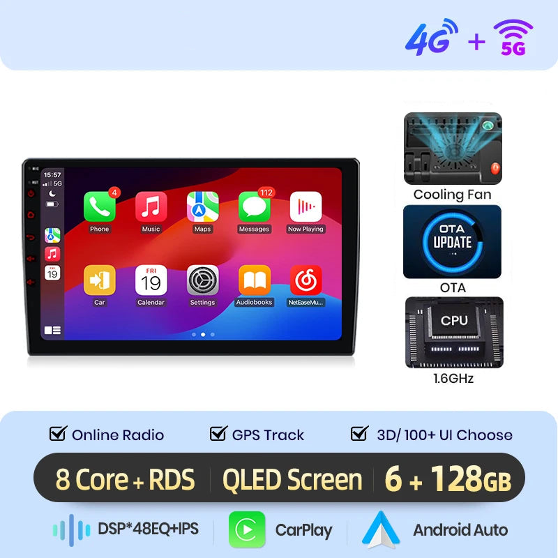 Autoradio toyota auris 2006–2012 QLED avec CarPlay, Android Auto et 6+128 Go