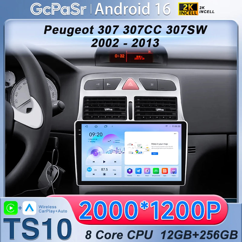 Autoradio CarPlay Peugeot 307 SW et CC (2002-2013) – Écran 9 pouces, Android 16