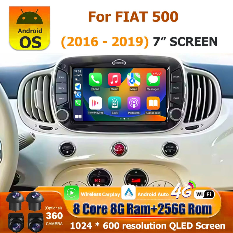 Autoradio CarPlay Fiat 500 (2016-2019) – Écran 7 pouces QLED, jusqu'à 8 Go + 256 Go