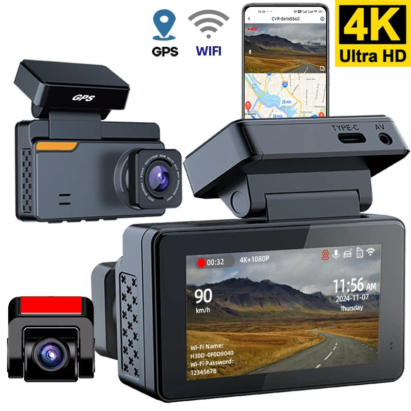 Dashcam voiture 4K WiFi GPS – Vision avant + arrière + hardwire kit 24h