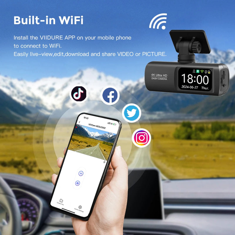 Dashcam 4K Wi-Fi Double Caméra – Écran 1,47 Pouce, GPS en Option, Kit Parking 24 h, vue 4
