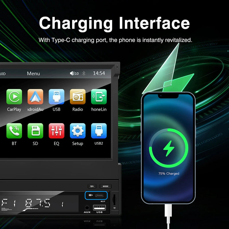 Autoradio CarPlay 1 DIN Universel – Écran Rétractable 7 Pouces, Filaire, vue 13