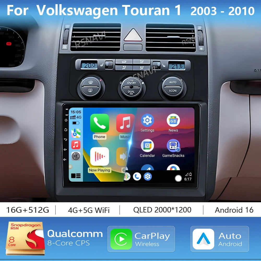 Autoradio CarPlay Volkswagen Touran 1 (2003-2010) – Écran 2K 9 pouces, Android 16