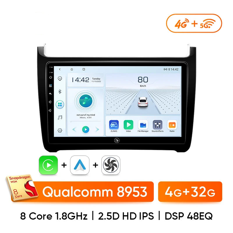 Autoradio Polo 5 (2008–2020) – Android Snapdragon avec CarPlay, GPS, DSP et 4G