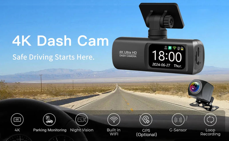 Dashcam 4K Wi-Fi Double Caméra – Écran 1,47 Pouce, GPS en Option, Kit Parking 24 h, vue 8
