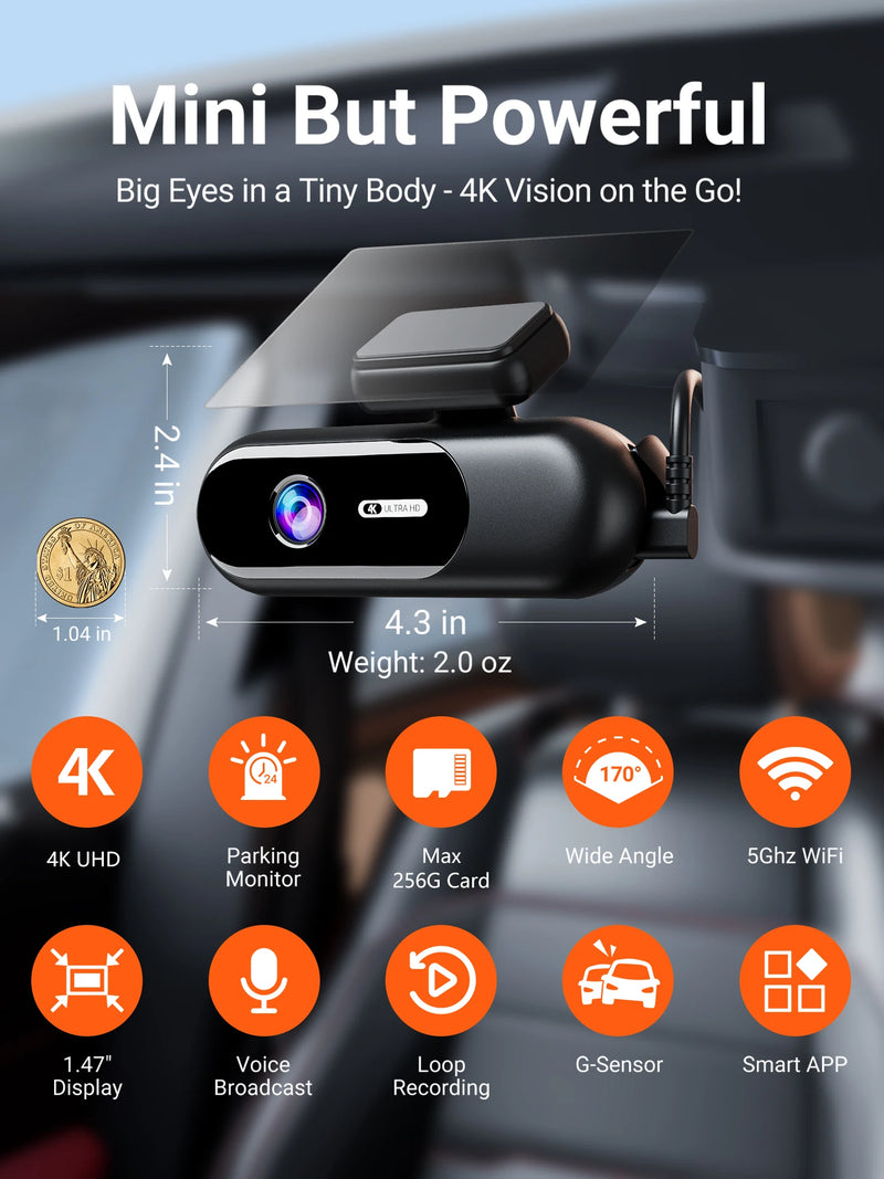 Dashcam Mini 4K Wi-Fi 5 GHz – Avant 4K et Arrière 1080P, Annonces Vocales, vue 9