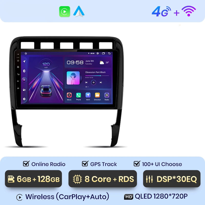 Autoradio Porsche Cayenne 9PA – Android 12 QLED, 6+128 Go, CarPlay sans fil, DSP 30 EQ