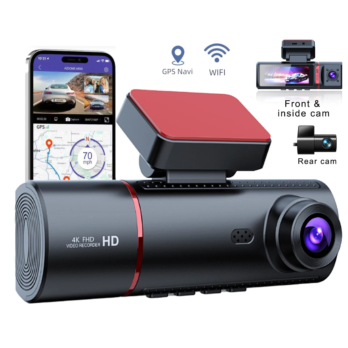 dash cam voiture sans fil 4K – Triple caméra avant/intérieur/arrière + GPS WiFi 128 Go