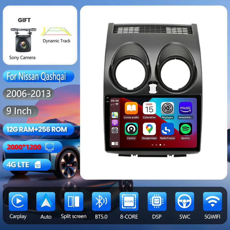 Autoradio CarPlay Nissan Qashqai J10 (2006-2013) – Écran 9 pouces, jusqu'à 16 Go + 256 Go, vue 12