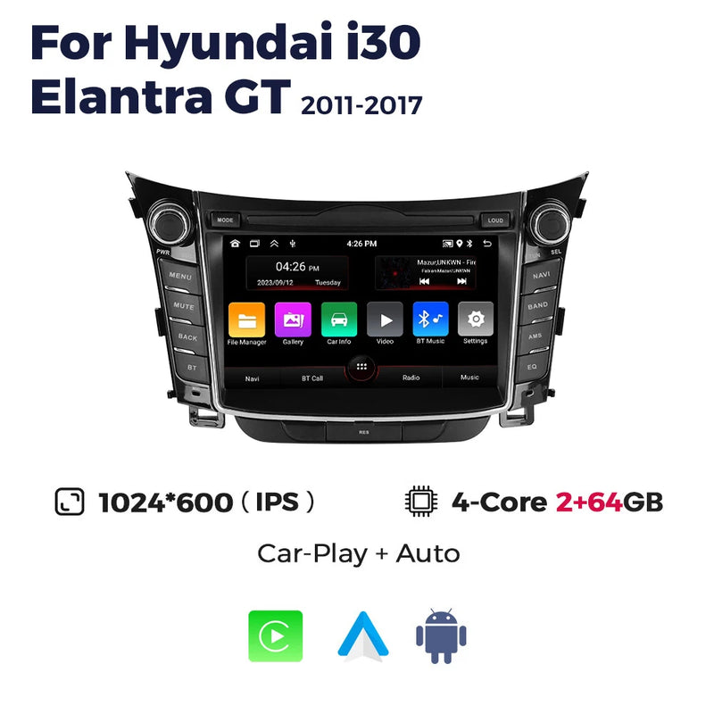 Autoradio CarPlay Hyundai i30 GD et Elantra GT (2011-2017) – Écran IPS 7 pouces, 2 Go + 64 Go, vue 34
