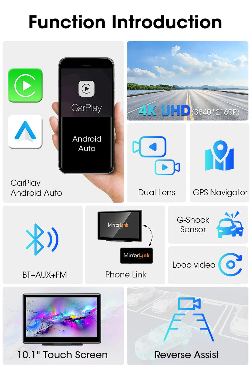 Écran CarPlay Portable 10,1 Pouces – Sans Fil, Dashcam 4K en Option, vue 9
