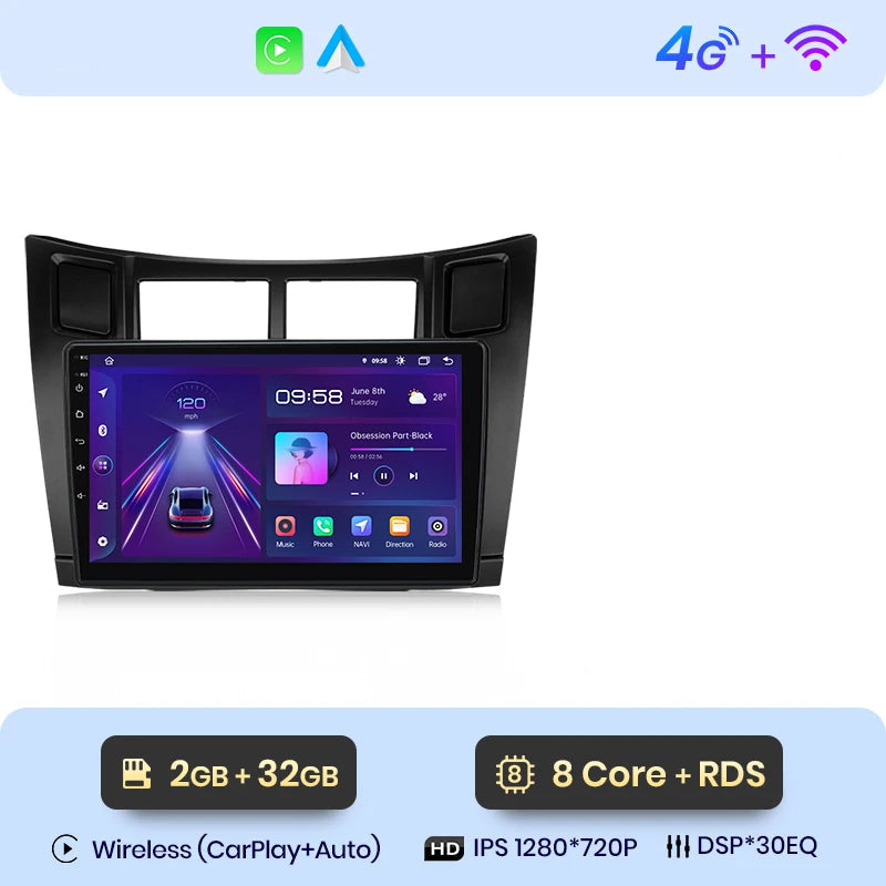 Écran Toyota Yaris 2005 à 2012 – CarPlay HD sans fil + 4G intégrée