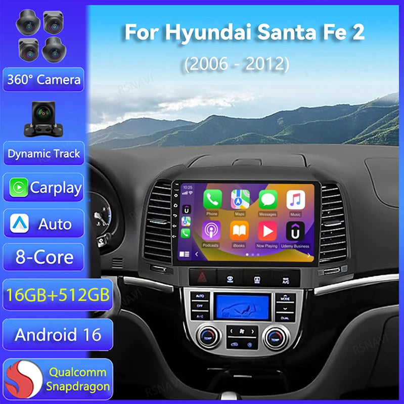 Autoradio CarPlay Hyundai Santa Fe 2 (2006-2012) – Écran 9 pouces, jusqu'à 16 Go + 512 Go