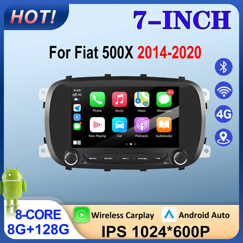 Autoradio CarPlay Fiat 500X (2014-2020) – Écran IPS 7 pouces, jusqu'à 8 Go + 256 Go