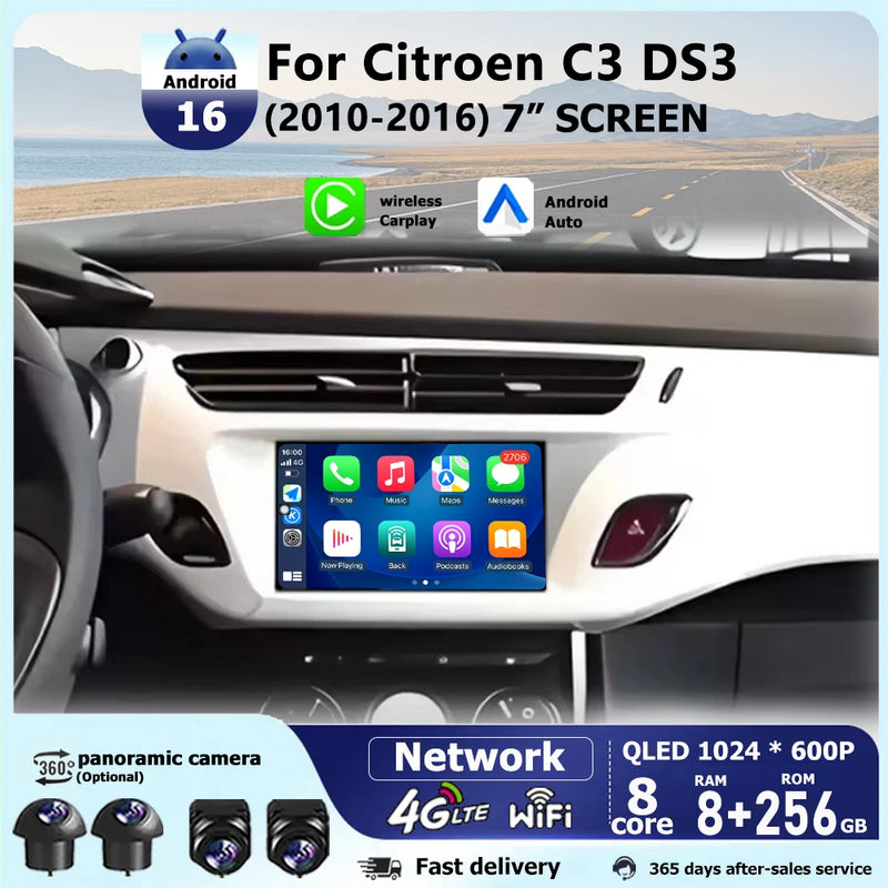 Autoradio CarPlay Citroën C3 et DS3 (2010-2016) – Écran QLED 7 pouces, Android 16, jusqu'à 8 Go + 256 Go