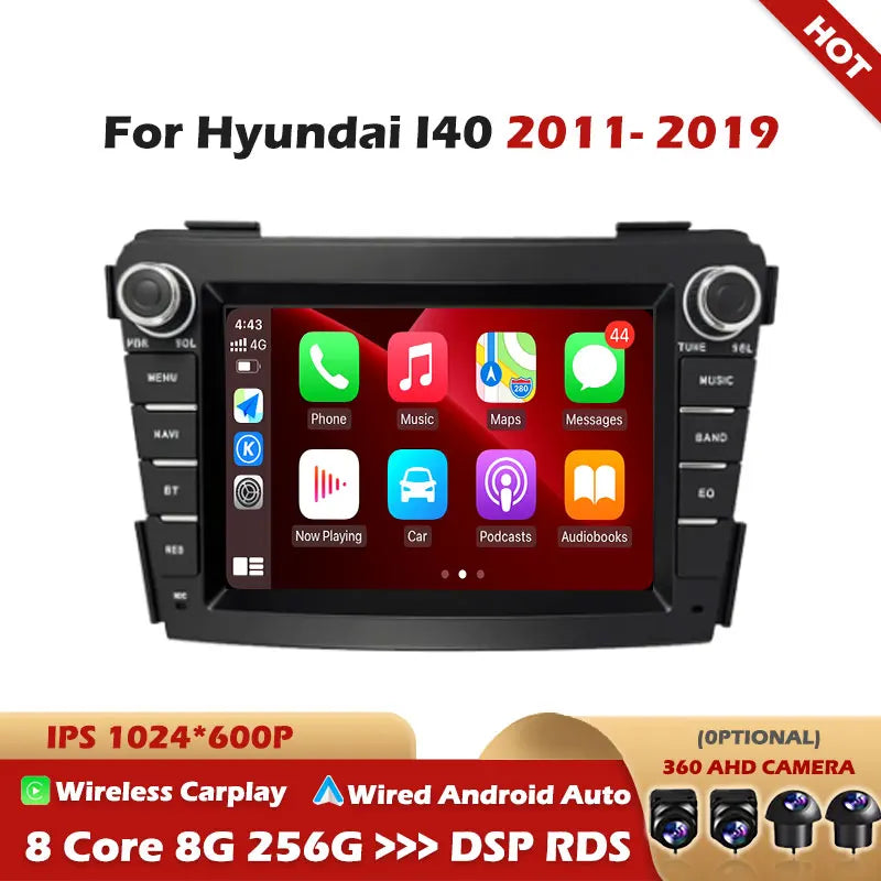 Autoradio CarPlay Hyundai i40 (2011-2019) – Écran IPS 7 pouces, jusqu'à 8 Go + 256 Go
