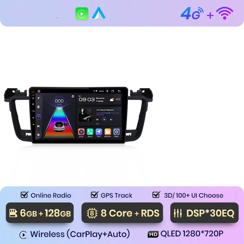 Autoradio CarPlay Peugeot 508 (2011-2018) – Écran QLED, 6 Go / 128 Go, DSP