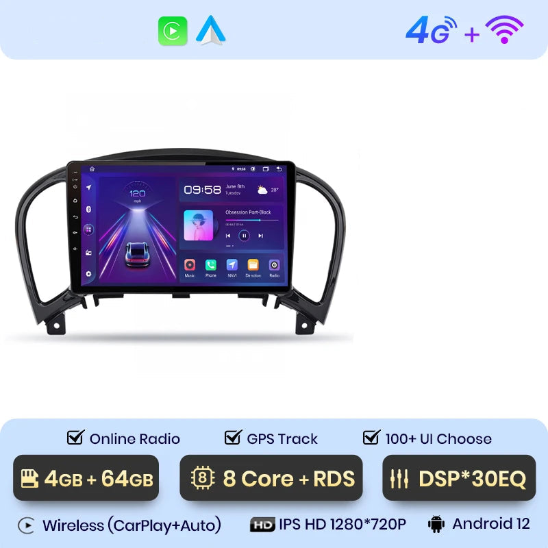 Nissan Juke Apple CarPlay 2010–2014 – Android 12, Écran HD, DSP et 4G