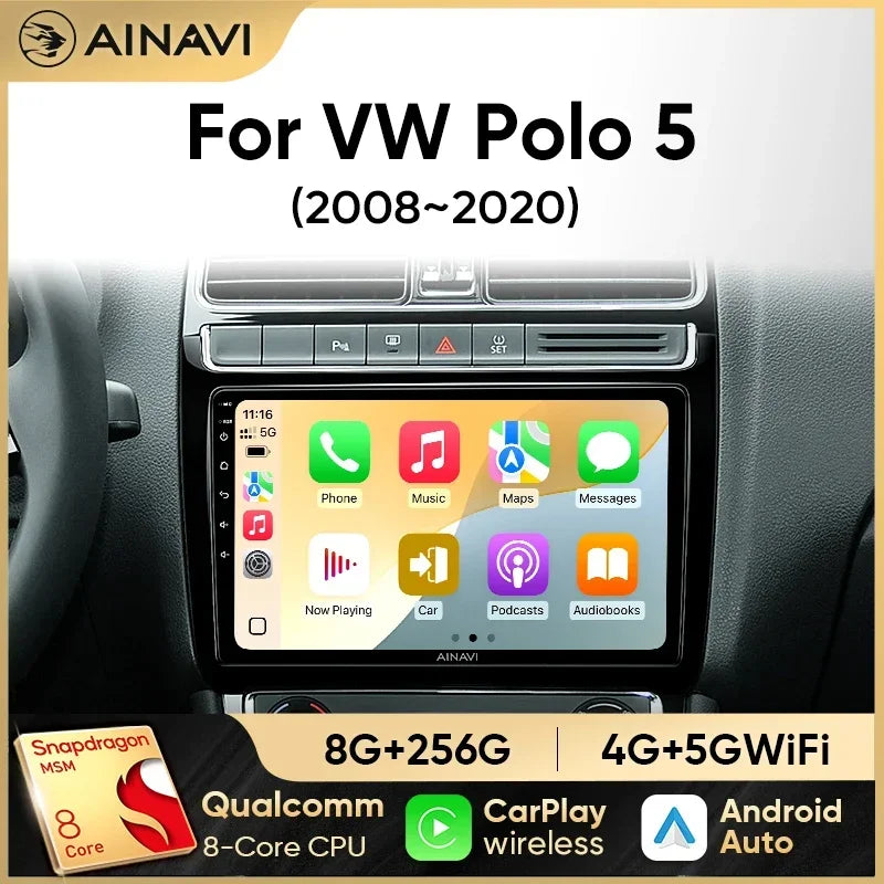 Autoradio CarPlay Volkswagen Polo 5 (2008-2020) – Écran 9 pouces, sans fil, jusqu'à 8 Go + 256 Go