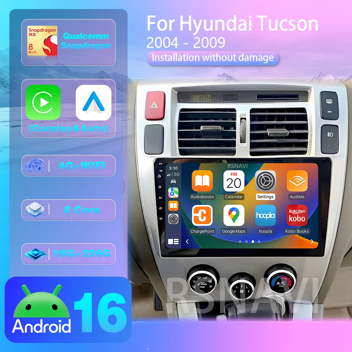 Autoradio CarPlay Hyundai Tucson (2004-2009) – Écran 10 pouces, jusqu'à 16 Go + 256 Go
