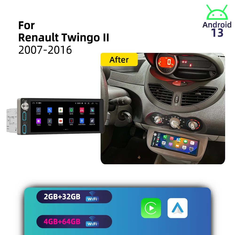 Autoradio CarPlay Renault Twingo 2 (2007-2016) – Écran 6,86 pouces 1 DIN, jusqu'à 4 Go + 64 Go