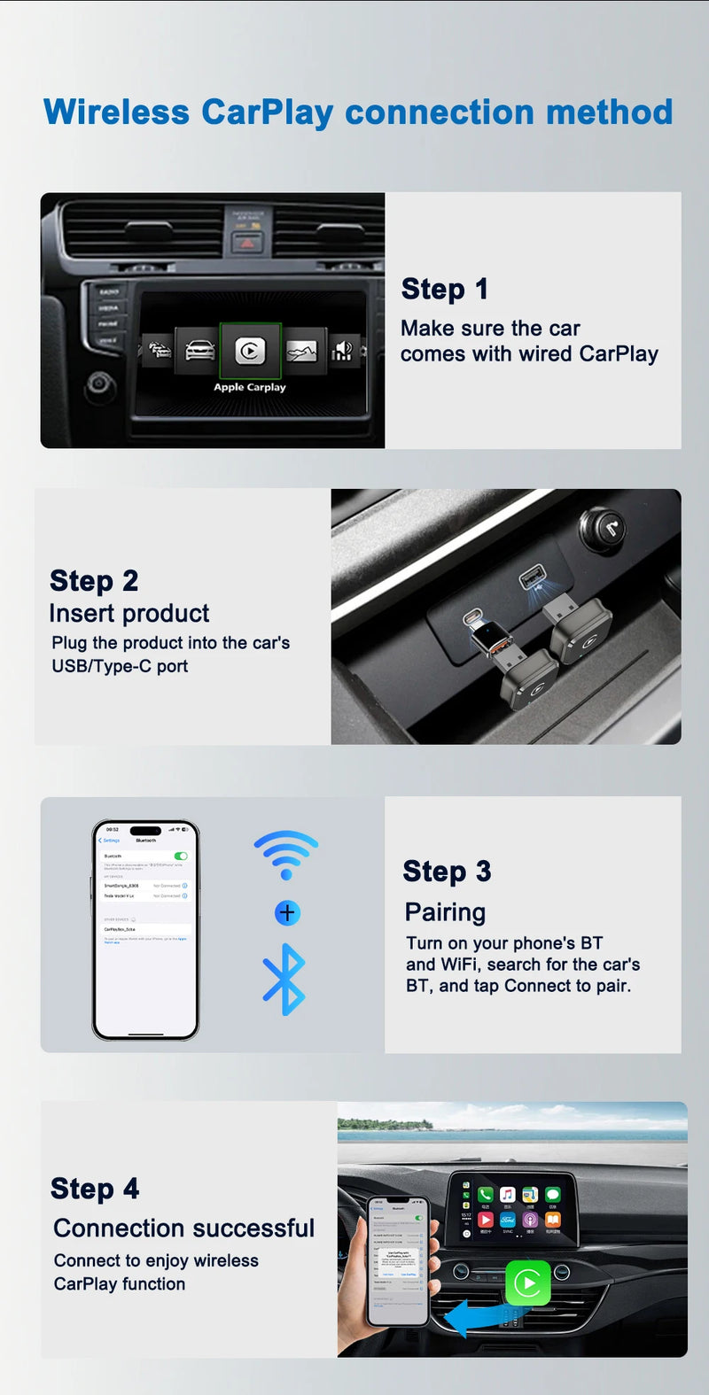 Adaptateur CarPlay Sans Fil USB 2 en 1 – 7 Modèles au Choix, Bluetooth 5.4, Wi-Fi 5,8 GHz, vue 15