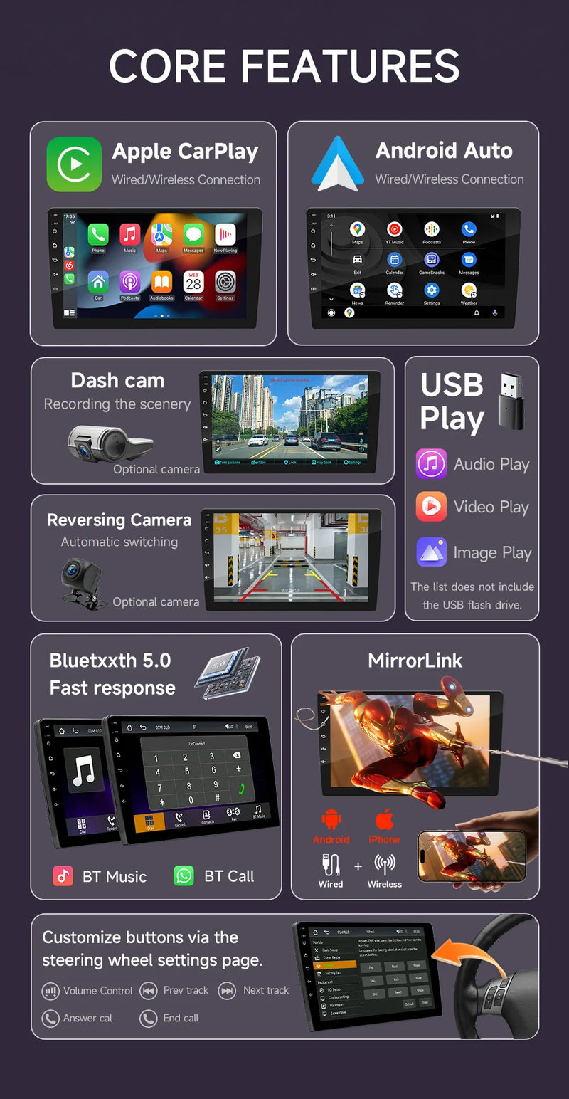 Autoradio CarPlay 2 DIN Universel – Écran 9 ou 10,1 Pouces, Filaire, Caméra en Option, vue 11