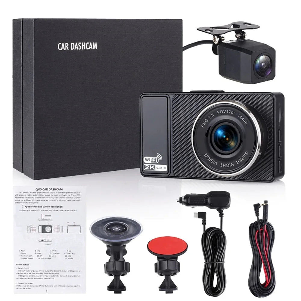 Dashcam 2K WiFi avant arrière – Vision nocturne, double caméra, carte SD 64 Go