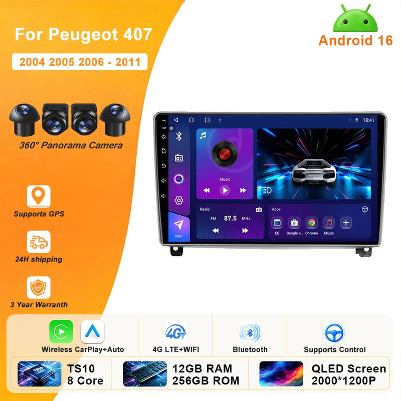 Autoradio CarPlay Peugeot 407 (2004-2011) – Écran 9 pouces, option écran 2K, jusqu'à 12 Go + 256 Go