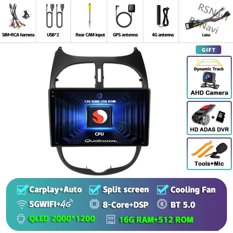 Autoradio CarPlay Peugeot 206, 206 SW et 206 CC – Écran 9 pouces, Android 16, vue 9
