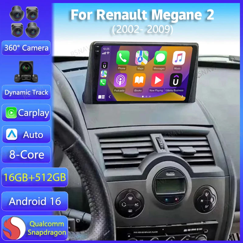 Autoradio CarPlay Renault Mégane 2 (2002-2009) – Écran 9 pouces, jusqu'à 16 Go + 512 Go