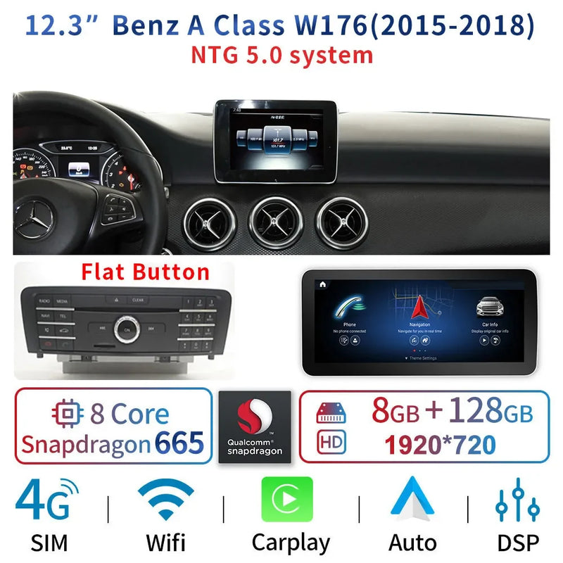 Autoradio CarPlay Mercedes Classe A W176, CLA C117, GLA X156 (2013-2018) – Écran 12,3 pouces, 4G, vue 34