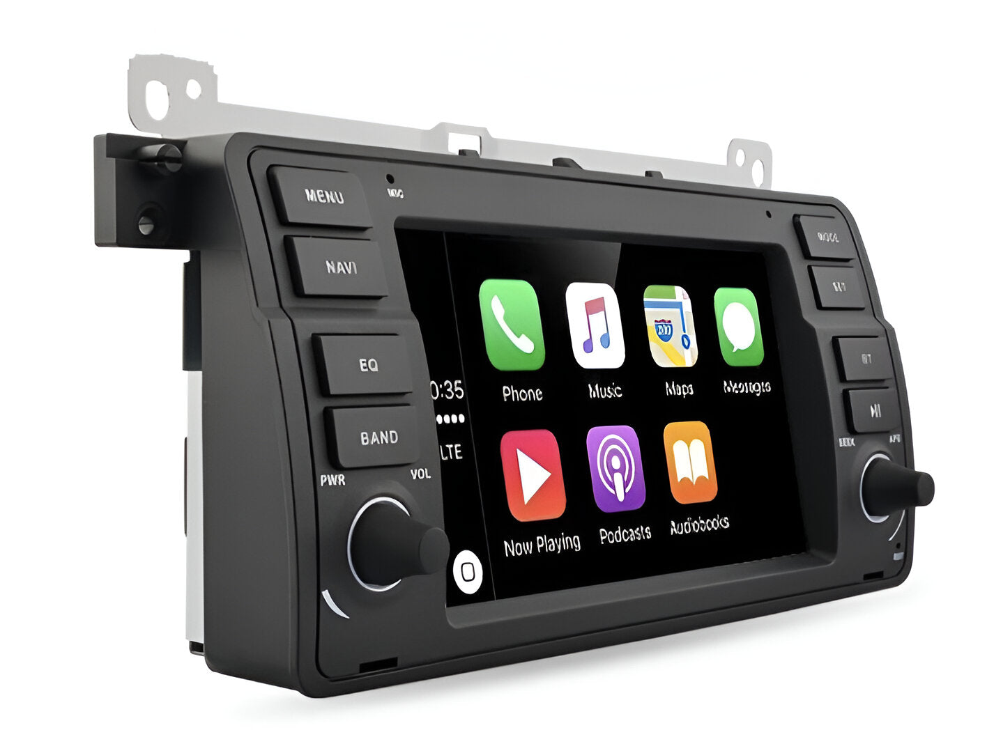 Autoradio CarPlay BMW E46 vue de face, écran 7 pouces installé