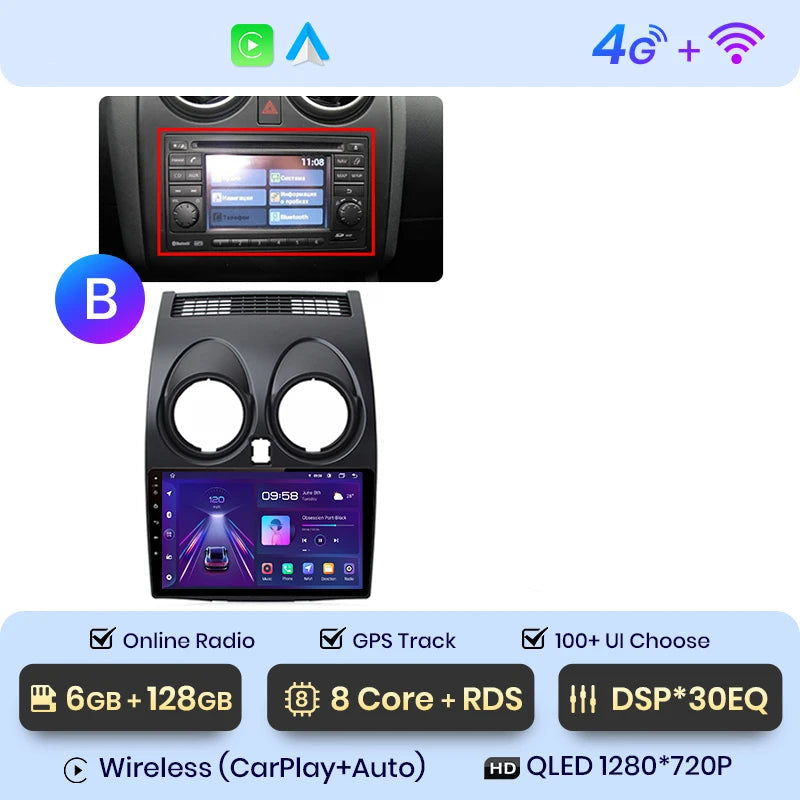 Autoradio CarPlay Nissan Qashqai J10 QLED 128 Go haut de gamme