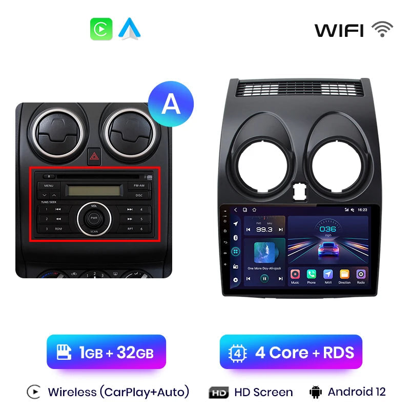 Autoradio CarPlay Nissan Qashqai J10 sans fil, écran tactile 2 DIN
