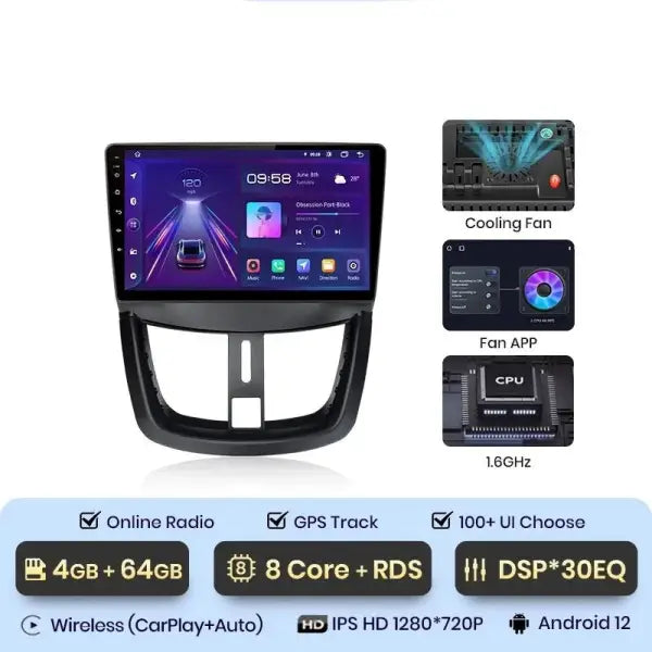 Autoradio CarPlay Peugeot 207 Android 12 DSP 30EQ GPS
