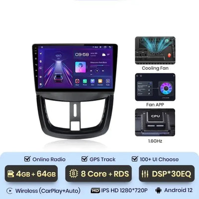 Autoradio CarPlay Peugeot 207 Android 12 DSP 30EQ GPS