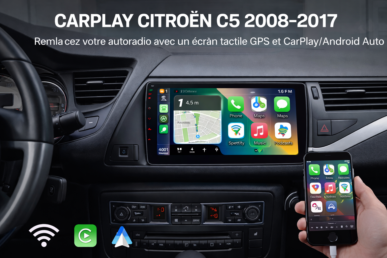 Écran CarPlay et Android Auto installé sur le tableau de bord d'une Citroën C5 (2008-2017)