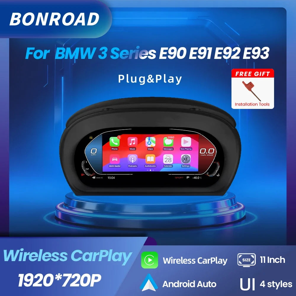 CarPlay BMW E90 vue de face, combiné numérique installé