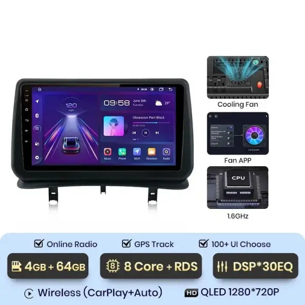 CarPlay Clio 3 – Écran QLED 9", Android 12, 4 Go RAM, DSP, GPS