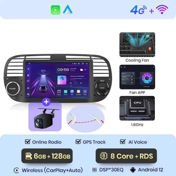 Autoradio CarPlay Fiat 500 (2007-2015) – 6 Go / 128 Go, Caméra de recul incluse