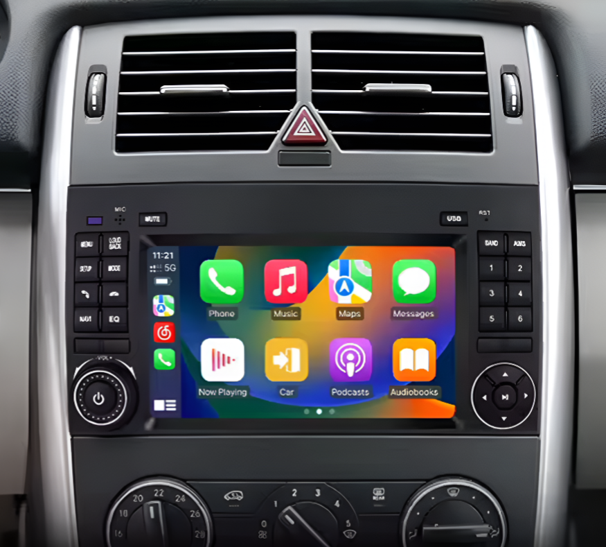 CarPlay Mercedes Classe B W245 vue de face, boîtier installé