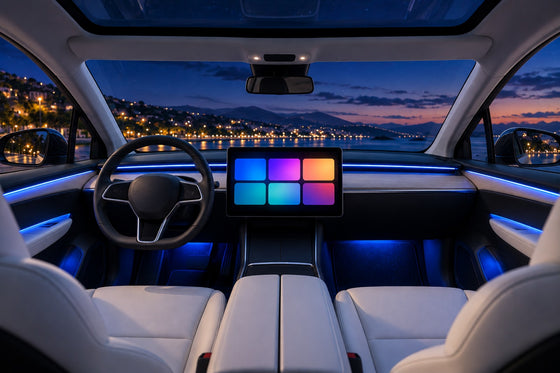 Habitacle minimaliste de voiture électrique avec grand écran central