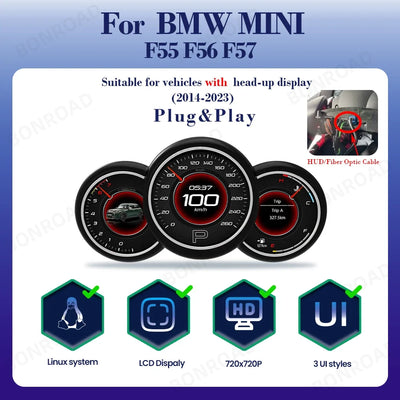 Gros plan sur l'affichage du cockpit virtuel Mini Cooper F56