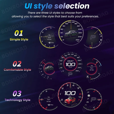 Cockpit virtuel Mini Cooper monté sur véhicule, vue depuis le siège conducteur